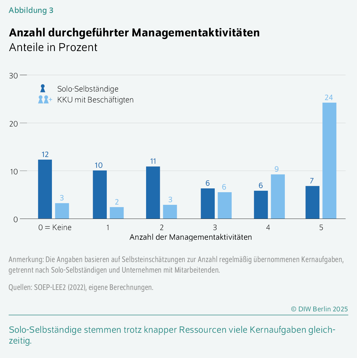 Anzahl durchgeführter Managementaktivitäten
Anteile in Prozent
Solo-Selbständige stemmen trotz knapper Ressourcen viele Kernaufgaben gleichzeitig.
