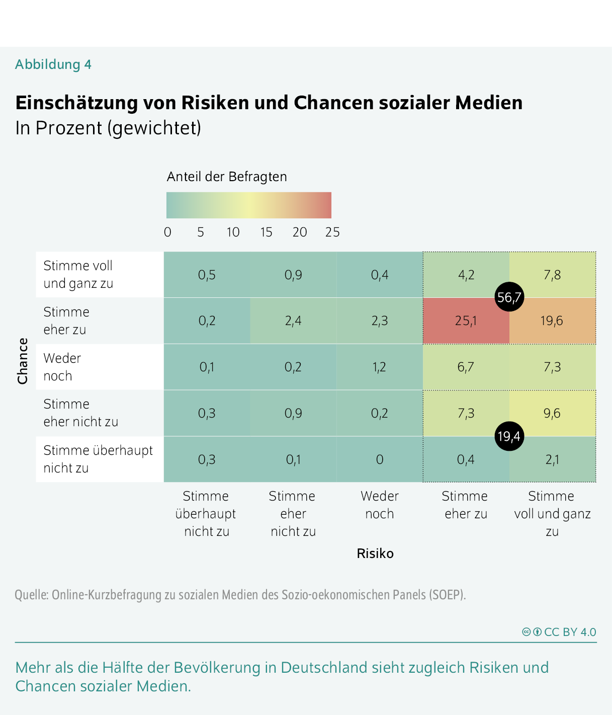 Einschätzung von Risiken und Chancen sozialer Medien
In Prozent (gewichtet)
Mehr als die Hälfte der Bevölkerung in Deutschland sieht zugleich Risiken und Chancen sozialer Medien.