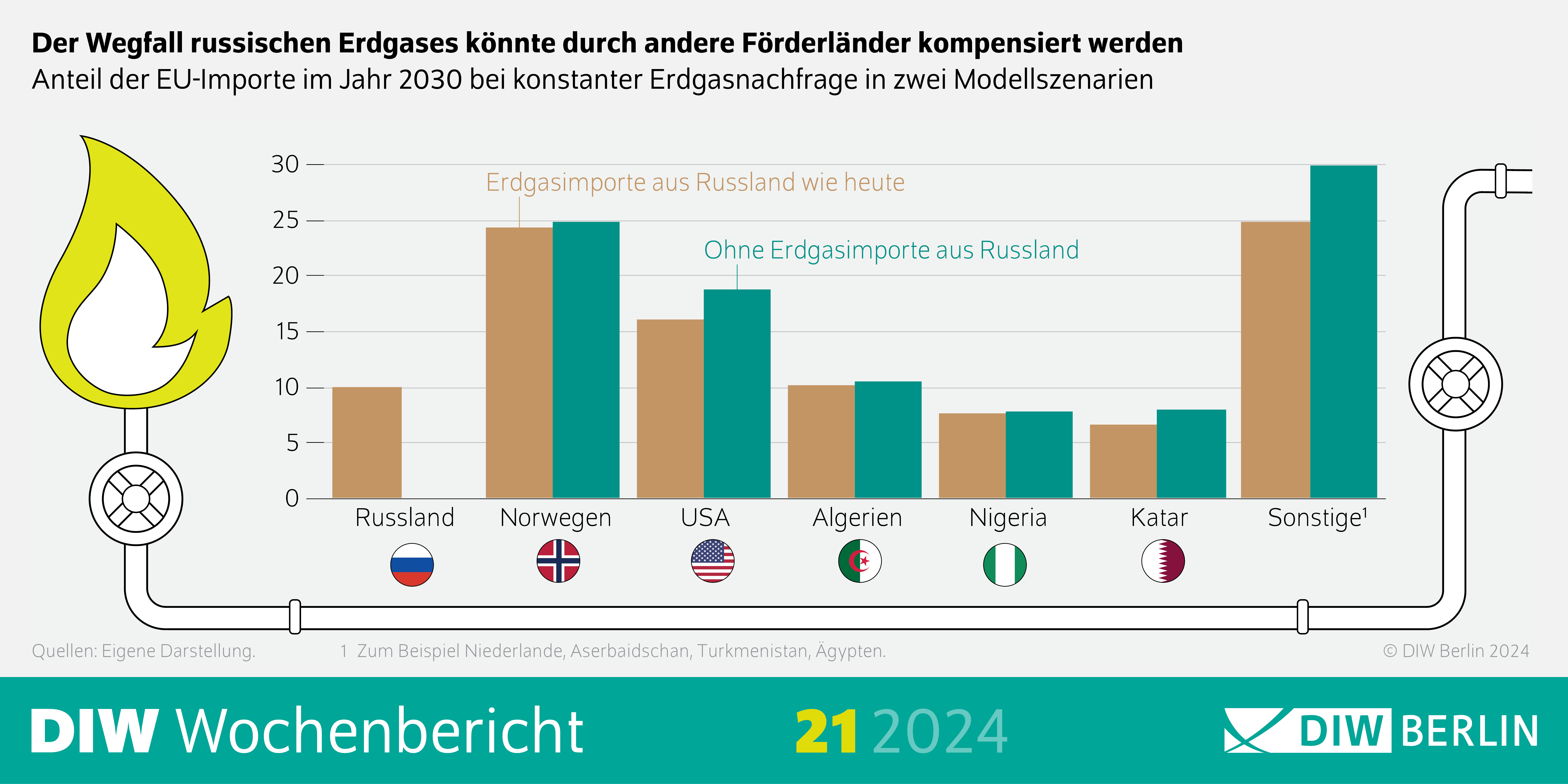 Infografik des DIW Wochenberichts 21-2024: Der Wegfall russischen Erdgases könnte durch andere Förderländer kompensiert werden