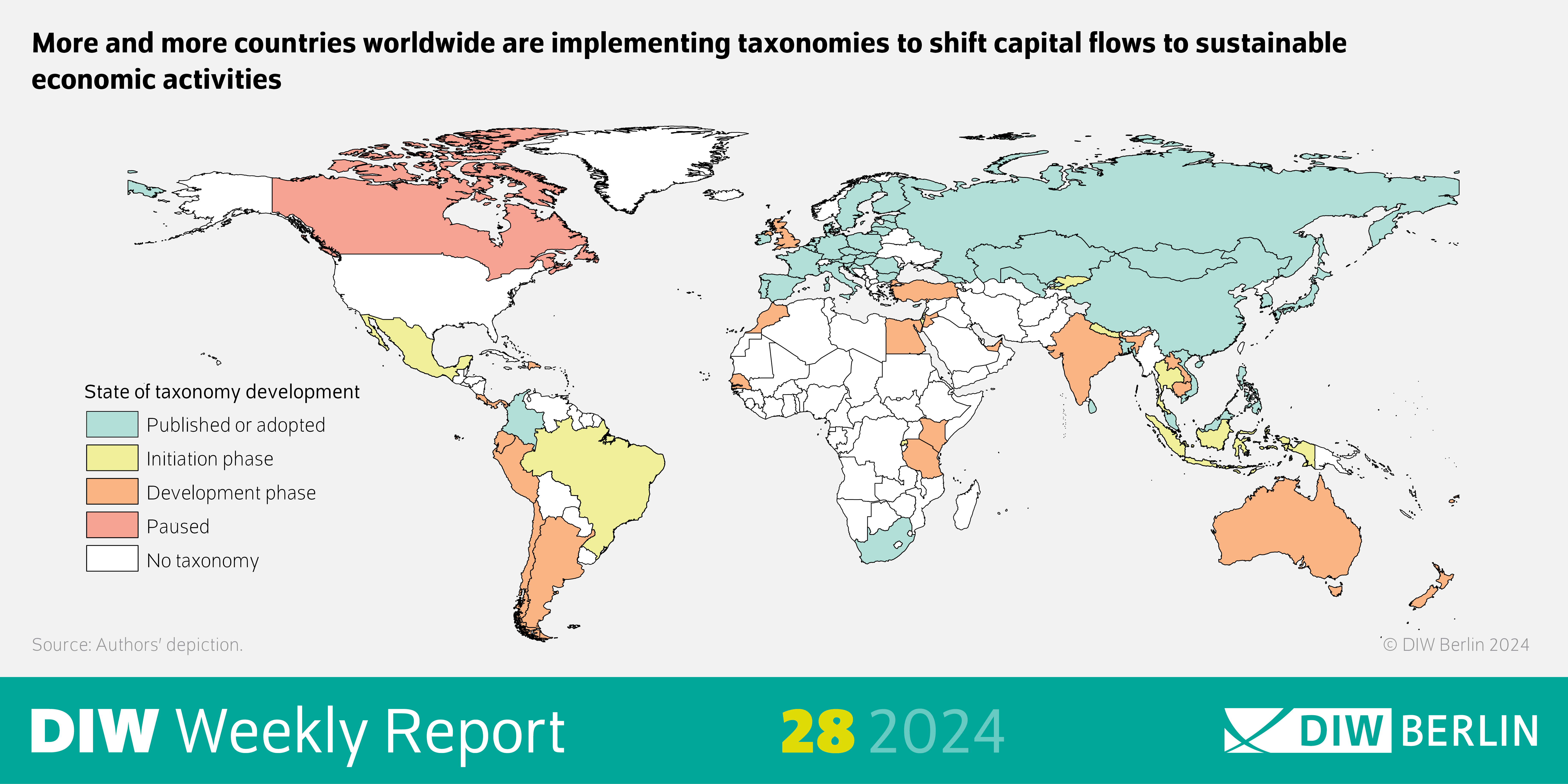 Infographic of the DIW Weekly Report 28-2024: More and more countries worldwide are implementing taxonomies to shift capital flows to sustainable 
economic activities