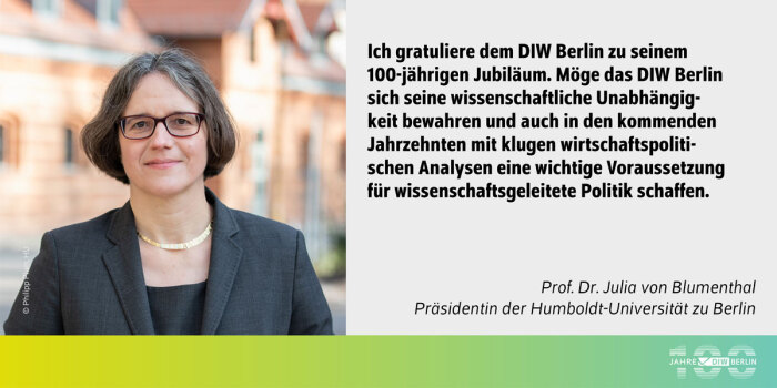Das Bild zeigt eine Frau, die vor einem verschwommenen Hintergrund mit Gebäuden steht. Sie trägt eine Brille, eine schwarze Jacke und eine goldene Halskette. Ihr Haar ist kurz und dunkel. Neben ihr befindet sich folgender Text in deutscher Sprache:<br />
"Ich gratuliere dem DIW Berlin zu seinem 100-jährigen Jubiläum. Möge das DIW Berlin sich seine wissenschaftliche Unabhängigkeit bewahren und auch in den kommenden Jahrzehnten mit klugen wirtschaftspolitischen Analysen eine wichtige Voraussetzung für wissenschaftsgeleitete Politik schaffen.<br />
Prof. Dr. Julia von Blumenthal<br />
Präsidentin der Humboldt-Universität zu Berlin"<br />
Am unteren Rand des Bildes befindet sich ein grüner Balken mit dem Logo des DIW Berlin und der Aufschrift "100 Jahre DIW Berlin".<br />
Diese Beschreibung enthält nun den vollständigen Text des Bildes und ist für die Anforderungen der Barrierefreiheit geeignet.