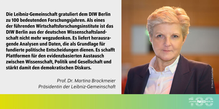 Das Bild zeigt eine Frau mit kurzen, hellen Haaren, die nach rechts blickt. Sie trägt eine dunkle Jacke über einem hellen Hemd. Der Hintergrund ist unscharf und zeigt eine Mischung aus warmen Farben, möglicherweise ein Innenraum.<br />
Auf der linken Seite des Bildes befindet sich ein Text in deutscher Sprache. Der Text lautet:<br />
"Die Leibniz-Gemeinschaft gratuliert dem DIW Berlin zu 100 bedeutenden Forschungsjahren. Als eines der führenden Wirtschaftsforschungsinstitute ist das DIW Berlin aus der deutschen Wissenschaftslandschaft nicht mehr wegzudenken. Es liefert herausragende Analysen und Daten, die als Grundlage für fundierte politische Entscheidungen dienen. Es schafft Plattformen für den evidenzbasierten Austausch zwischen Wissenschaft, Politik und Gesellschaft und stärkt damit den demokratischen Diskurs.<br />
Prof. Dr. Martina Brockmeier<br />
Präsidentin der Leibniz-Gemeinschaft"<br />
Am unteren Rand des Textes befindet sich ein Hinweis auf den Fotografen: "© David Ausserhofer".