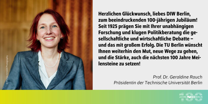Das Bild zeigt eine Frau mit mittellangen, rotbraunen Haaren, die nach links blickt und lächelt. Sie trägt eine Perlenkette und eine dunkelgraue Jacke über einem hellen Oberteil. Der Hintergrund ist unscharf und zeigt warme, holzartige Töne, was auf einen Innenraum hindeutet.<br />
Auf der linken Seite des Bildes befindet sich ein Text in deutscher Sprache. Der Text lautet:<br />
"Herzlichen Glückwunsch, liebes DIW Berlin, zum beeindruckenden 100-jährigen Jubiläum! Seit 1925 prägen Sie mit Ihrer unabhängigen Forschung und klugen Politikberatung die gesellschaftliche und wirtschaftliche Debatte – und das mit großem Erfolg. Die TU Berlin wünscht Ihnen weiterhin den Mut, neue Wege zu gehen, und die Stärke, auch die nächsten 100 Jahre Meilensteine zu setzen!<br />
Prof. Dr. Geraldine Rauch<br />
Präsidentin der Technischen Universität Berlin"<br />
Am unteren Rand des Textes befindet sich ein Hinweis auf den Fotografen: "© Philipp Arnoldt Photography".