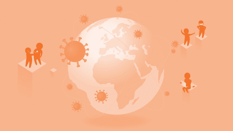 Die weltweite Coronapandemie hatte Einfluss auf Unternehmen, Menschen, Familien – all das erforschten DIW-Wissenschaftler*innen.; Die Grafik zeigt eine stilisierte Darstellung der Erde in einem kräftigen Orangeton. Die Kontinente sind deutlich erkennbar. Um die Erde herum sind mehrere kleine Symbole verteilt, die wie das Coronavirus aussehen – kugelförmig mit stachelartigen Auswüchsen. Diese Symbole deuten auf eine weltweite Pandemie hin. Auf erhöhten Plattformen rund um den Globus stehen oder sitzen menschliche Figuren. Manche stehen in Gruppen beisammen, andere sind allein oder mit Abstand zueinander positioniert. Diese Anordnung vermittelt den Eindruck von sozialer Distanzierung und Isolation. Die gesamte Bildkomposition wirkt symbolisch und thematisiert die Auswirkungen der Corona-Pandemie auf das menschliche Zusammenleben weltweit.