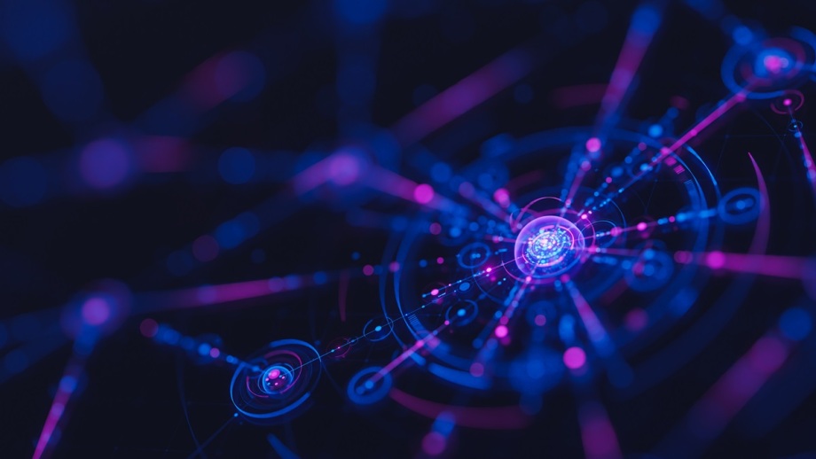 Digitalisierung und künstliche Intelligenz können Bürger*innen helfen, auch das erforscht das DIW Berlin.; Das Bild zeigt eine abstrakte, digitale Darstellung, die an ein Netzwerk aus miteinander verbundenen Punkten und Linien erinnert. Im Mittelpunkt leuchtet ein heller Kern, von dem zahlreiche leuchtende Linien und Kreise in Blautönen und violetten Farben nach außen strahlen und sich verzweigen. Der Hintergrund ist dunkel, wodurch die strahlenden Elemente besonders deutlich hervortreten und eine futuristische, technische Atmosphäre entsteht.