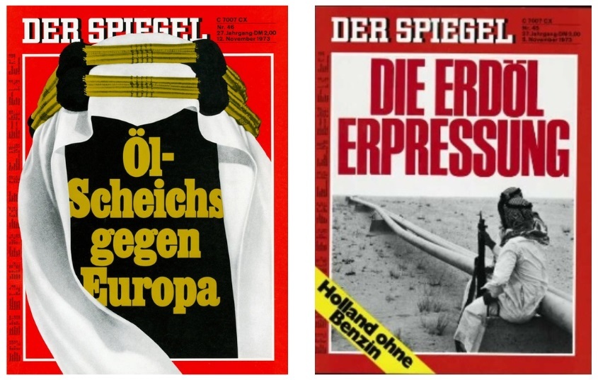 Die beiden Spiegel-Titel von 1973 zeigen, wie ernst die Lage in Deutschland war.; Das Bild zeigt zwei Titelseiten des deutschen Nachrichtenmagazins Der Spiegel aus dem Jahr 1973, die nebeneinander angeordnet sind. Beide Ausgaben haben den typischen roten Rahmen und thematisieren die damalige Ölkrise. Auf der linken Titelseite vom 12. November 1973 ist vor einem roten Hintergrund die obere Partie einer arabischen Kopfbedeckung mit schwarzem und goldenem Band zu sehen. Darunter steht in großen gelben Buchstaben der Schriftzug „Öl-Scheichs gegen Europa“. Die rechte Titelseite vom 19. November 1973 zeigt eine schwarz-weiße Fotografie. Darauf sitzt ein Mann in traditioneller arabischer Kleidung mit Kopftuch im Wüstensand neben einer großen Pipeline und hält ein Gewehr in den Händen. Darüber ist in kräftigen roten Buchstaben der Titel „Die Erdöl Erpressung“ abgedruckt. In der linken unteren Ecke befindet sich zusätzlich ein gelbes Schrägband mit der schwarzen Aufschrift „Holland ohne Benzin“. Beide Titelblätter greifen die Folgen des Öl-Embargos für Europa auf und inszenieren die arabischen Ölproduzenten als zentrale Akteure der Krise.