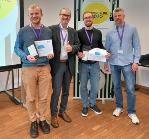 Von links: Georg Ahnert (Uni Mannheim), Olaf Wenzel (Wenzel Marktforschung), Julian Axenfeld (SOEP), Markus Weiß (Tivian) bei der Preisverleihung des GOR Best PhD Award 2024. ; 