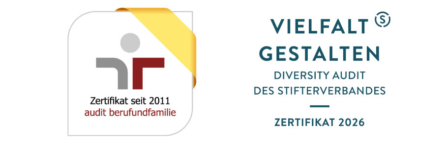 Das Banner beinhaltet die Logo der Audits Beruf und Familie sowie Vielfalt. 