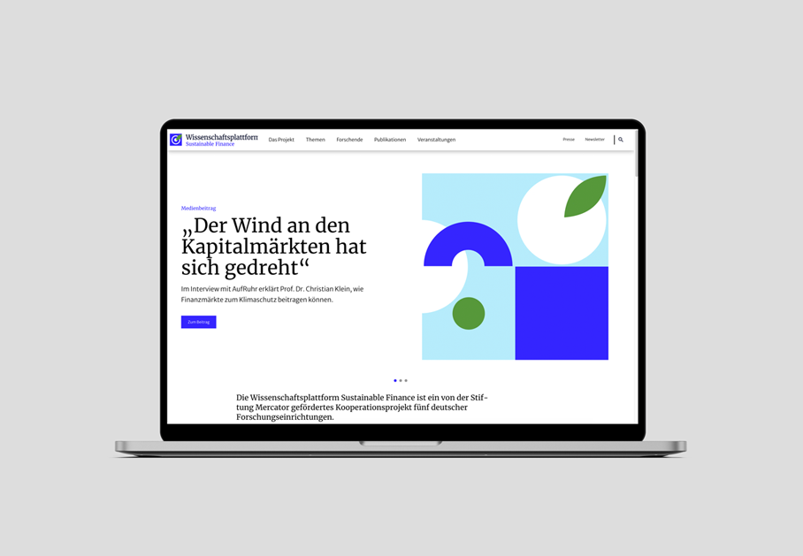 Die neue Projekt-Website bündelt Expertise und Forschung zu unterschiedlichen Sustainable-Finance-Themen.; Das Bild zeigt ein Notebook, auf dem die neue Seite der Wissenschaftsplattform Sustainable Finance aufgerufen ist.