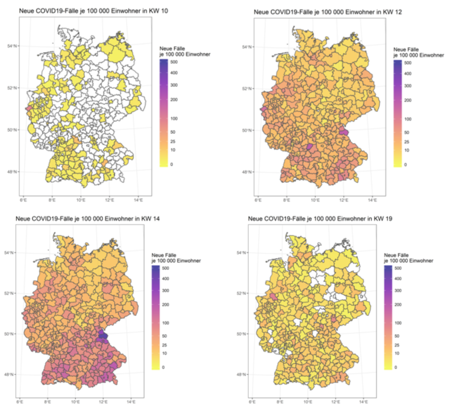 Quellen: Robert-Koch-Institut; Bundesamt für Kartographie und Geodäsie; eigene Berechnungen.; Grafik über die Verbreitung neuer Covid-19 Fälle in Deutschland 