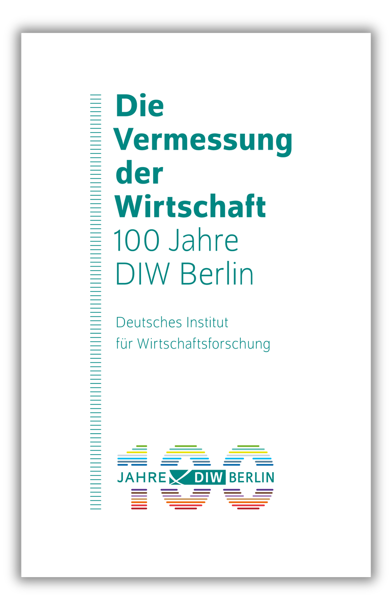 Das Bild zeigt ein Coverdesign für eine Publikation des Deutschen Instituts für Wirtschaftsforschung (DIW Berlin) anlässlich seines 100-jährigen Jubiläums. Der Hintergrund ist in einem hellen, neutralen Farbton gehalten.<br />
Titel: In großen, grünen Buchstaben steht links der Text: "Die Vermessung der Wirtschaft 100 Jahre DIW Berlin".<br />
Der Text ist in einer klaren, serifenlosen Schrift gesetzt, die gut lesbar ist.Institutsname: Unter dem Titel befindet sich in kleinerer Schrift der Name des Instituts: "Deutsches Institut für Wirtschaftsforschung".<br />
Logo: Am unteren Rand des Bildes befindet sich ein Logo, das das Jubiläum feiert. Es zeigt die Zahl "100" in großen, farbigen Ziffern, die mit verschiedenen Farben (Rot, Gelb, Grün, Blau) gestaltet sind.<br />
Neben der "100" steht "JAHRE DIW BERLIN" in grüner Schrift.<br />
Das Design ist minimalistisch und modern, wobei der Fokus auf der klaren Darstellung des Jubiläums und des Institutsnamens liegt. Die Farbgebung ist dezent und professionell, was dem wissenschaftlichen und seriösen Charakter des Instituts entspricht.