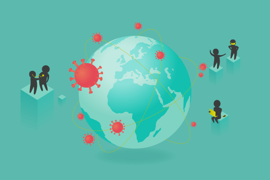 Auf dem Bild ist eine Illustration für das Dossier Corona-Pandemie zu sehen. Das Bild zeigt ein Virus, das um die Weltkugel kreist. Die Grafik führt durch klicken zum Dossier.