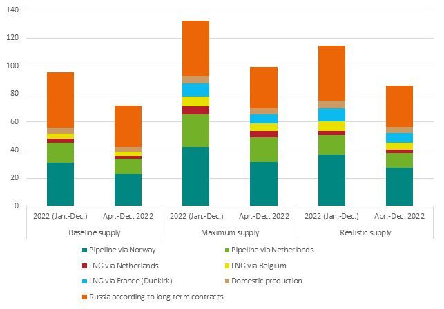 Note: In addition, minimum supply volumes of Russian natural gas are entered based on existing long-term supply contracts, as far as they are known (data from Anne Neumann et al., available online).
Source: DIW Berlin.; 