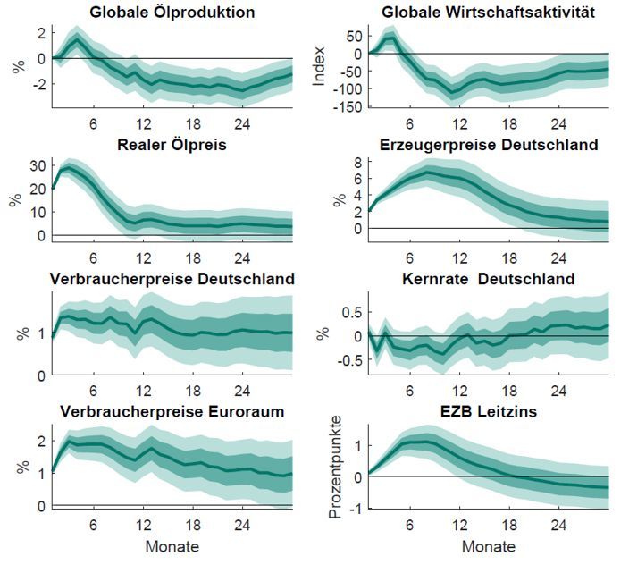 Anmerkungen: Die durchgezogenen Linien zeigen die geschätzte Reaktion der Modellvariablen (als Abweichungen vom langfristigen Trend) auf einen Ölpreisschock von 20 Prozent. Die Schattierungen zeigen die statistische Signifikanz auf dem 99-Prozent-Niveau und dem 95-Prozent-Niveau an. Sie basieren auf einem rekursiven residual-wild bootstrap.
Quelle: Eigene Berechnungen.
; 