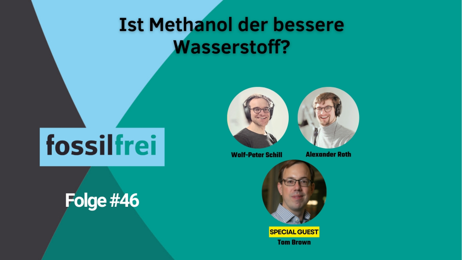 Podcast-Covergrafik mit türkisfarbenem Hintergrund und großem Titel im oberen Bereich: „Ist Methanol der bessere Wasserstoff?“. Links befindet sich ein stilisiertes grafisches Element aus geometrischen Formen mit dem Logo „fossilfrei“. Im unteren linken Bereich steht der Text „Folge #46“. Rechts sind drei kreisförmige Porträtfotos angeordnet: zwei Fotos nebeneinander im oberen Bereich und ein weiteres Foto darunter mittig. Unter den oberen Fotos stehen die Namen „Wolf-Peter Schill“ und „Alexander Roth“. Unter dem unteren Foto befindet sich ein gelb hinterlegter Hinweis „SPECIAL GUEST“ sowie der Name „Tom Brown“. Die Gestaltung verwendet überwiegend Türkis-, Hellblau-, Dunkelgrau-, Schwarz-, Weiß- und Gelbtöne und dient der Ankündigung einer Podcastfolge zum Thema Methanol und Wasserstoff.