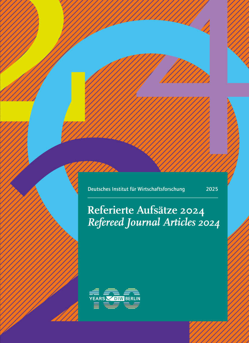 Buntes Cover eines Dokuments mit dem Titel 'Referierte Aufsätze 2024' und 'Refereed Journal Articles 2024' vom Deutschen Institut für Wirtschaftsforschung (DIW Berlin). Der Hintergrund besteht aus abstrakten, farbigen Formen in Gelb, Orange, Blau und Lila. In der Mitte befindet sich ein grünes Rechteck mit weißem Text. Unten rechts ist ein Logo mit der Aufschrift '100 Years DIW Berlin' zu sehen.