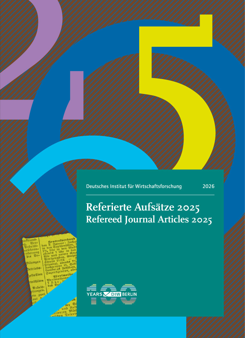 Buntes Cover eines Dokuments mit dem Titel 'Referierte Aufsätze 2025' und 'Refereed Journal Articles 2025' vom Deutschen Institut für Wirtschaftsforschung (DIW Berlin). Der Hintergrund besteht aus abstrakten, farbigen Formen. In der Mitte befindet sich ein grünes Rechteck mit weißem Text. Unten rechts ist ein Logo mit der Aufschrift '100 Years DIW Berlin' zu sehen.