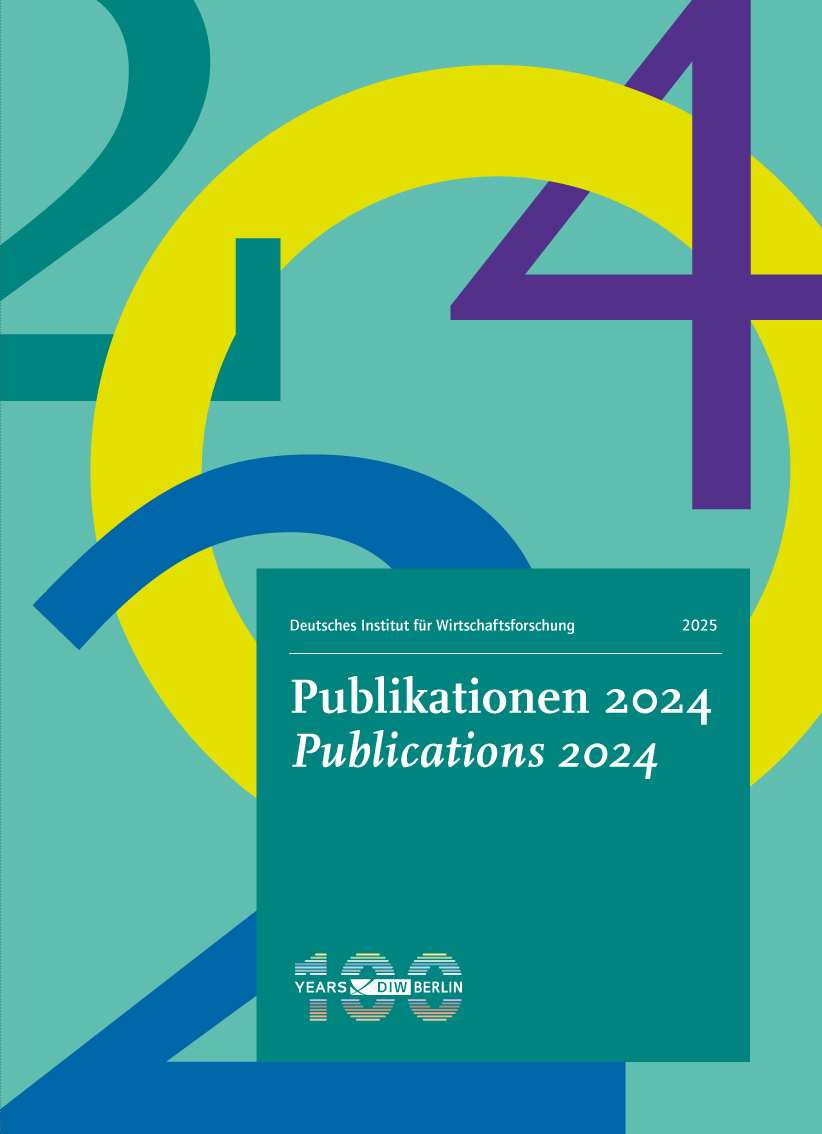 Cover eines Dokuments mit dem Titel 'Publikationen 2024' und 'Publications 2024' vom Deutschen Institut für Wirtschaftsforschung (DIW Berlin). Der Hintergrund ist in hellen Farben gestaltet, mit abstrakten Formen in Türkis, Gelb und Blau. In der Mitte befindet sich ein grünes Rechteck mit weißem Text. Unten rechts ist ein Logo mit der Aufschrift '100 Years DIW Berlin' zu sehen.
