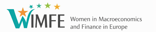 Auf dem Bild ist das Logo des Projektes: WIMFE – Women in Macroeconomics and Finance in Europe zu sehen. Das Bild zeigt das Logo von WIMFE. Links befindet sich der Schriftzug „WIMFE“, wobei der Buchstabe „W“ in Türkis und die übrigen Buchstaben in Dunkelgrau gestaltet sind. Über dem Schriftzug sind fünf unterschiedlich große Sterne in Türkis, Orange und Grün angeordnet, die eine geschwungene Linie bilden. Rechts neben dem Logo steht in dunkelgrauer Schrift der Text: „Women in Macroeconomics and Finance in Europe“. Der Hintergrund ist hellgrau.