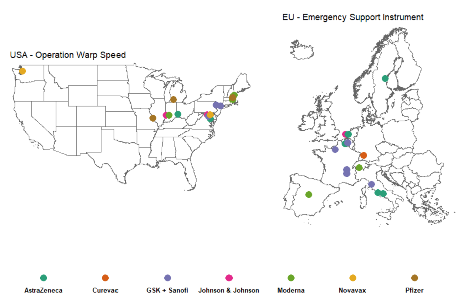 Die Punkte zeigen die Produktionsstandorte der Hauptunternehmen an, die ein APA mit den USA (linkes Panel) bzw. der EU (rechtes Panel) abgeschlossen haben. Zuletzt aktualisiert: 30.08.2020.; 
