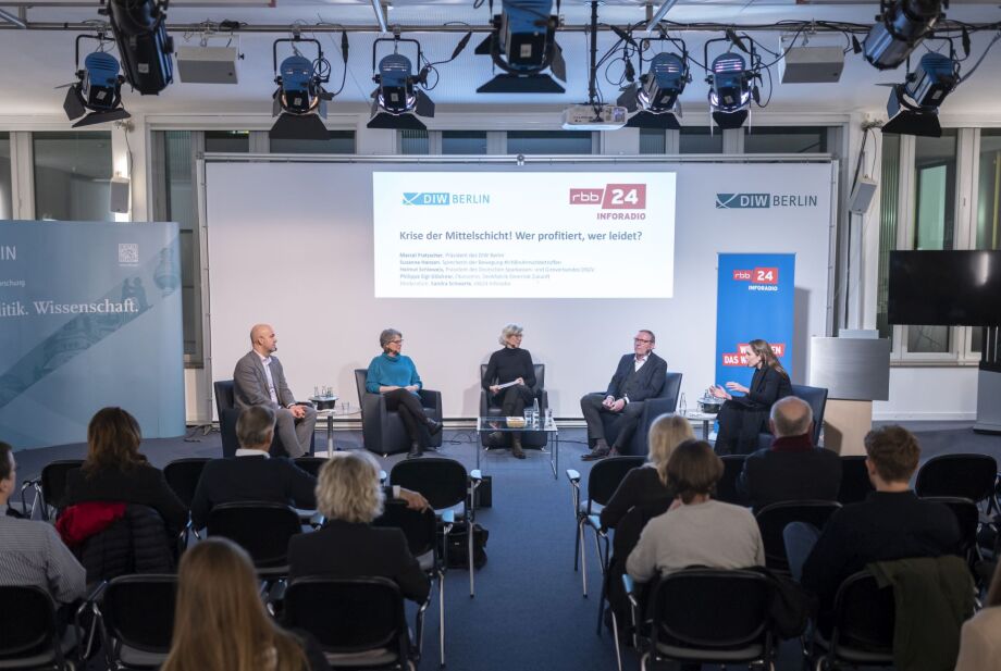 Podium mit Marcel Fratzscher, Susanne Hansen, Sandra Schwarte (RBB), Helmut Schleweis (DSGV) und Philippa Sigl-Glöckner (v.l.n.r.)